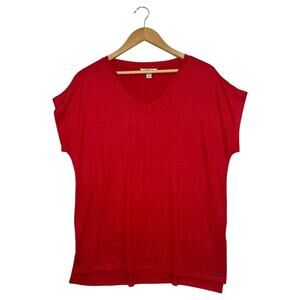 Orvis Knit Top Womens Medium Red V Neck Relaxed Fit Short Sleeve Classic Casual